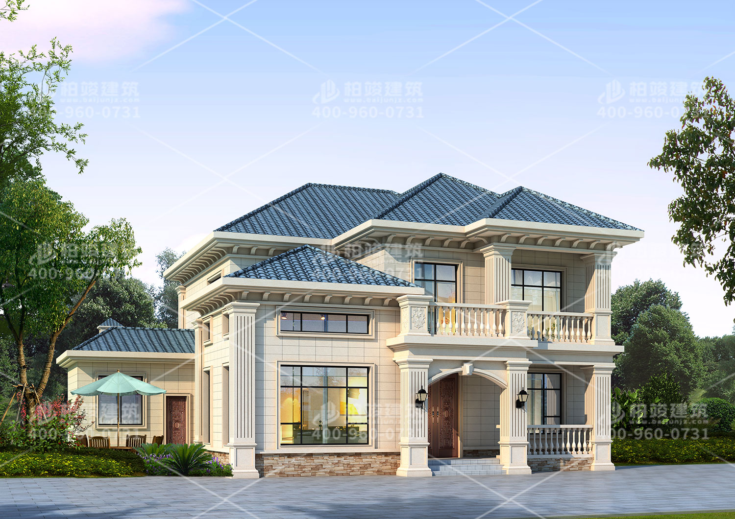 新中式別墅設(shè)計(jì)圖，帶輔房墨綠色房頂。