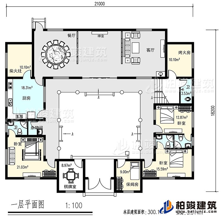 一層：客廳，餐廳，烤火房，廚房，4衛(wèi)生間，3臥室，雜物間，棋牌室，保姆房