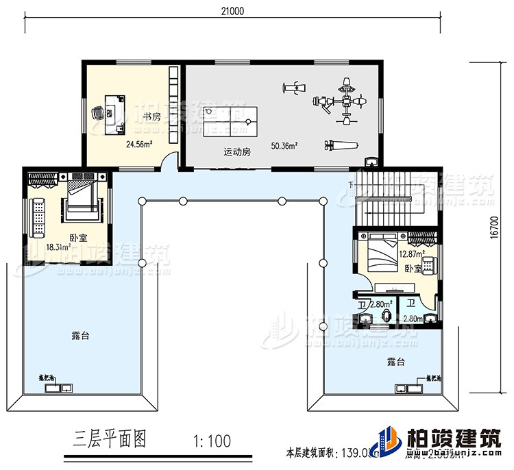 三層：書房，運動房，2臥室，2衛(wèi)生間，露臺