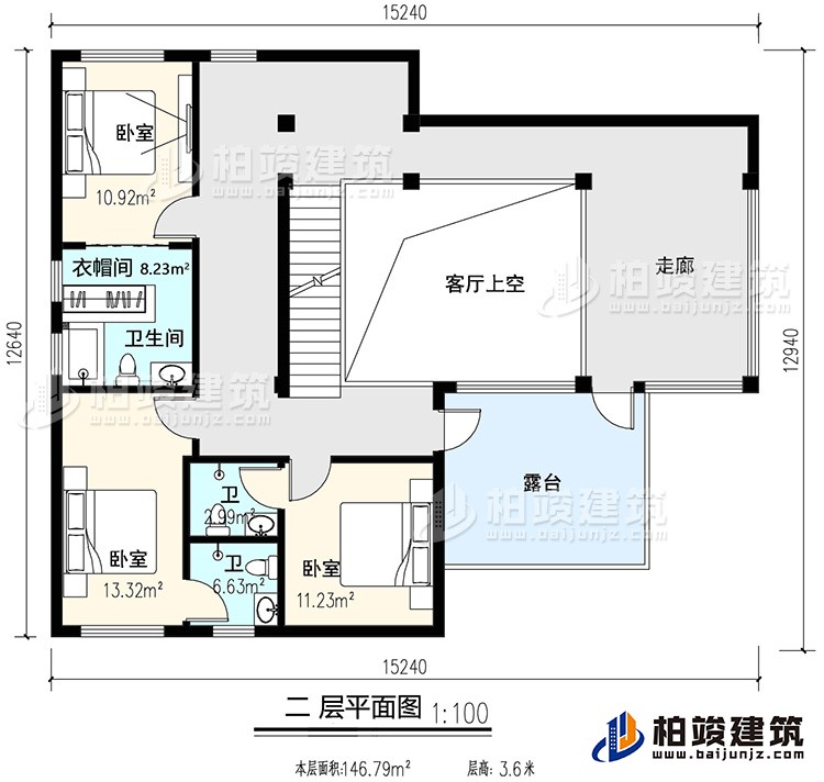二層：3臥室，內(nèi)衛(wèi)，公衛(wèi)，起居室，樓梯，陽(yáng)臺(tái)，露臺(tái)，書房