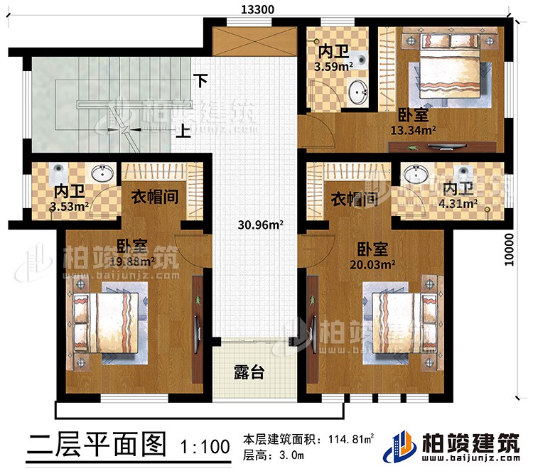 二層：3臥室、2衣帽間、3內(nèi)衛(wèi)、露臺(tái)