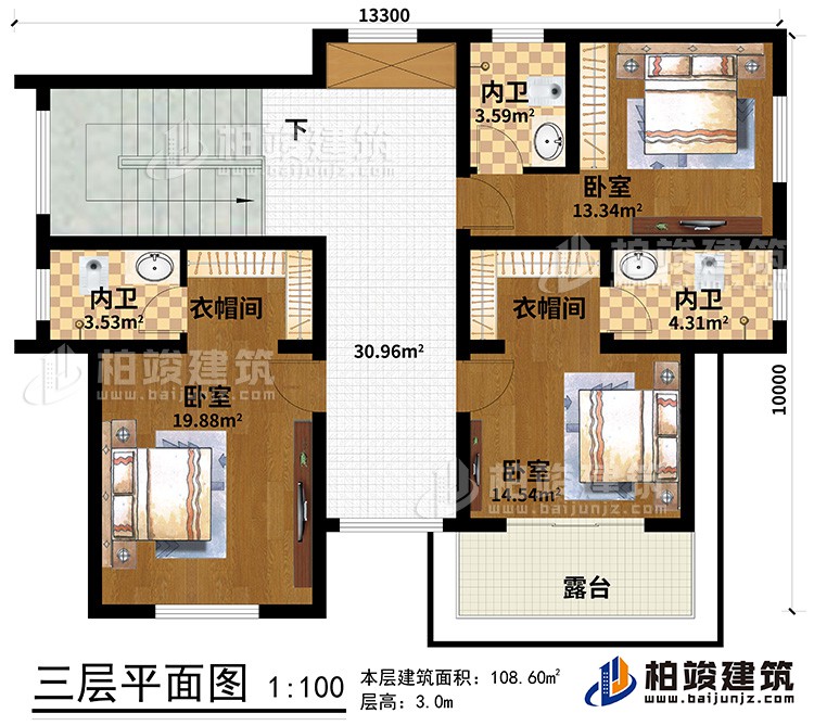 三層：3臥室、2衣帽間、3內(nèi)衛(wèi)、露臺(tái)