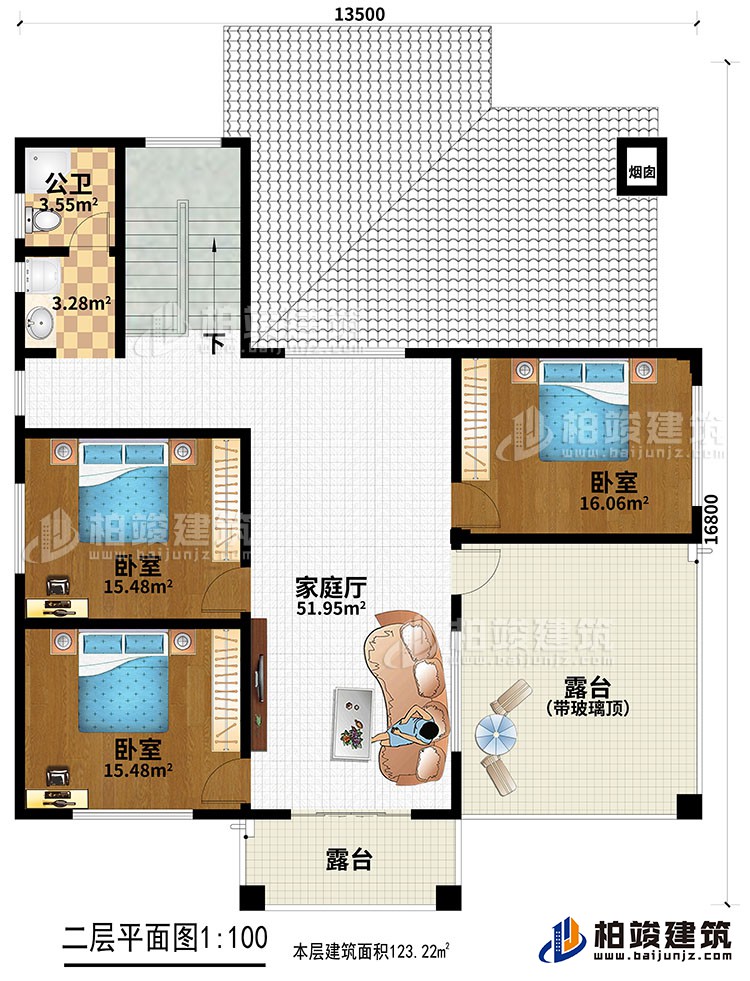 二層：3臥室，家庭廳，2露臺，公衛(wèi)。