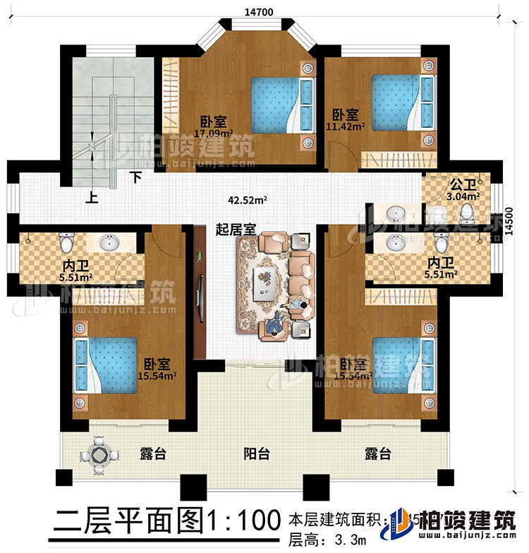 二層：2露臺(tái)、陽臺(tái)、4臥室、2內(nèi)衛(wèi)、公衛(wèi)、起居室