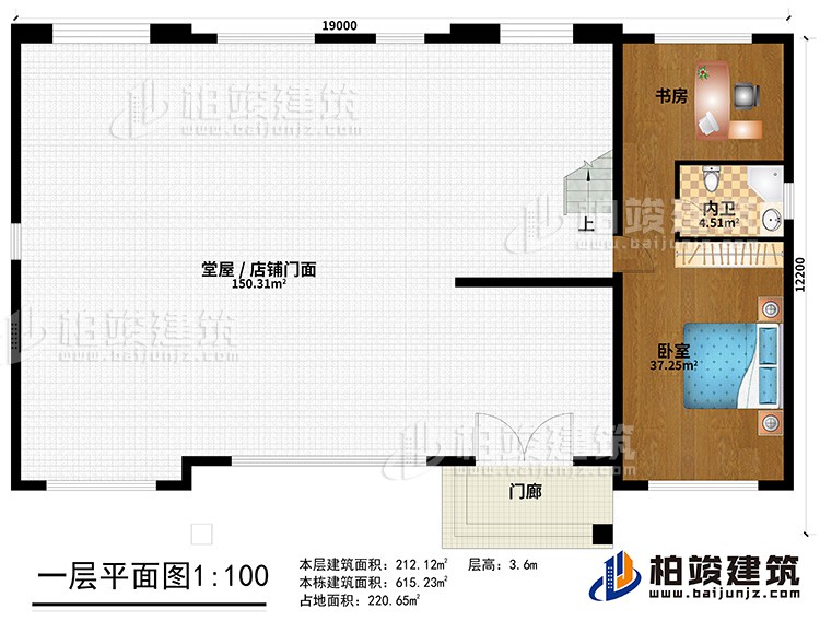 一層：門廊、堂屋/店鋪門面、臥室、書房、內(nèi)衛(wèi)