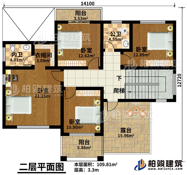 二層：4臥室，公衛(wèi)，內(nèi)衛(wèi)，2陽臺，露臺