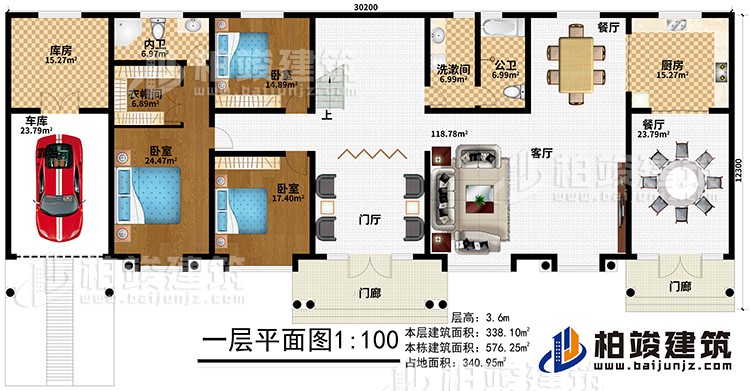 一層：2門廊、門廳、客廳、2餐廳、廚房、公衛(wèi)、洗漱間、3臥室、衣帽間、內(nèi)衛(wèi)、庫房、車庫