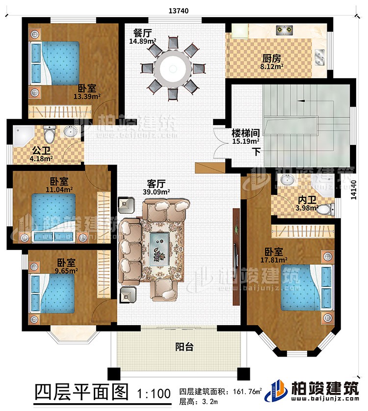 四層：陽臺(tái)、客廳、餐廳、樓梯間、廚房、4臥室、公衛(wèi)、內(nèi)衛(wèi)