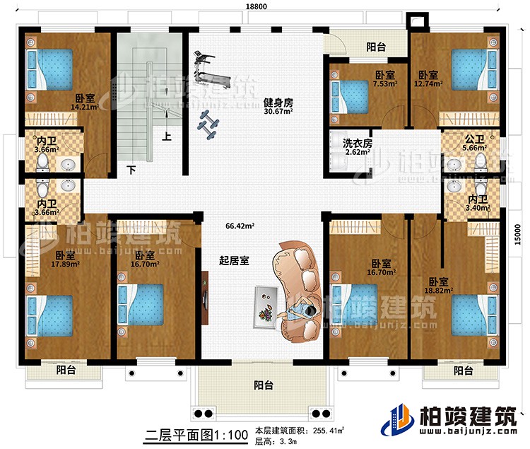 二層：7臥室、起居室、健身房、3內(nèi)衛(wèi)、公衛(wèi)、洗衣房、4陽臺
