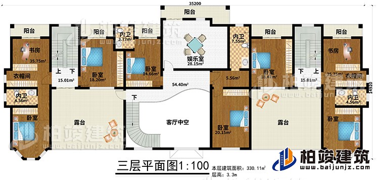 三層：6臥室、2衣帽間、2書房、4內(nèi)衛(wèi)、娛樂室、6陽臺(tái)、2露臺(tái)、客廳中空