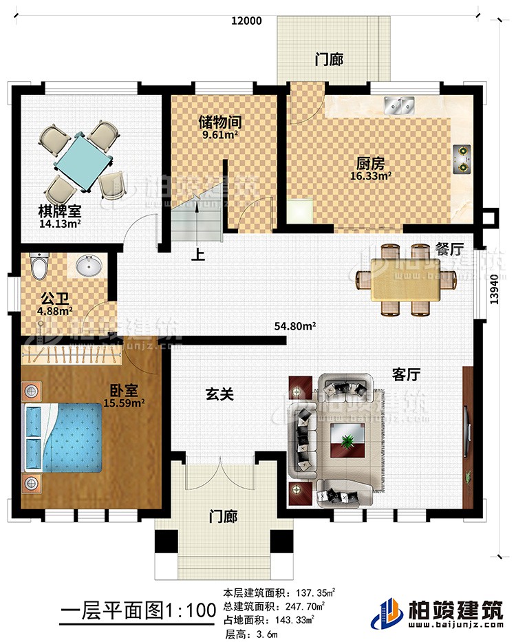 一層：2門廊、玄關(guān)、客廳、餐廳、廚房、儲(chǔ)物間、棋牌室、公衛(wèi)、臥室