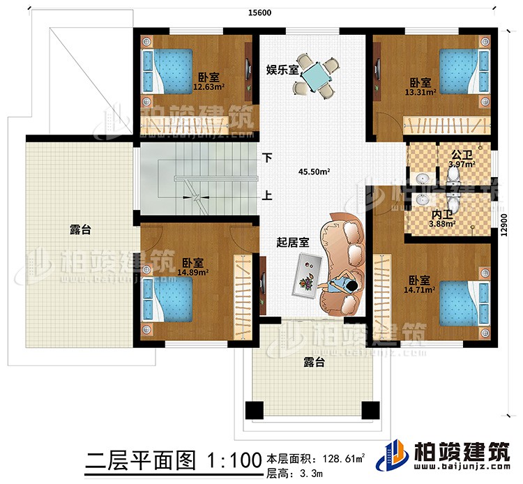 二層：4臥室，內(nèi)衛(wèi)，公衛(wèi)，起居室，樓梯，棋牌室，2露臺