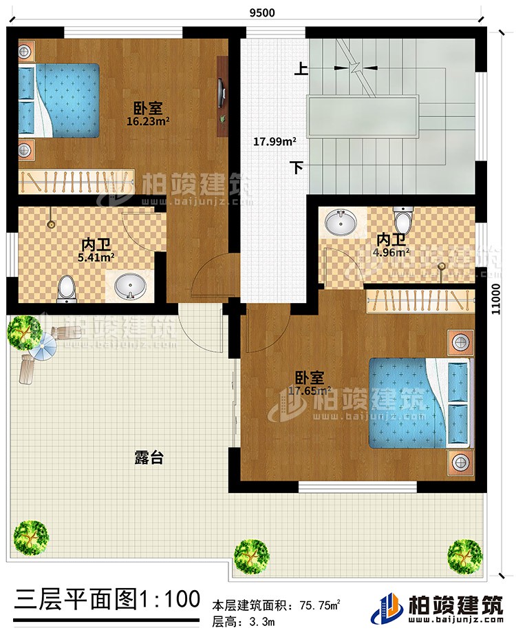 三層：2臥室、2內(nèi)衛(wèi)、露臺