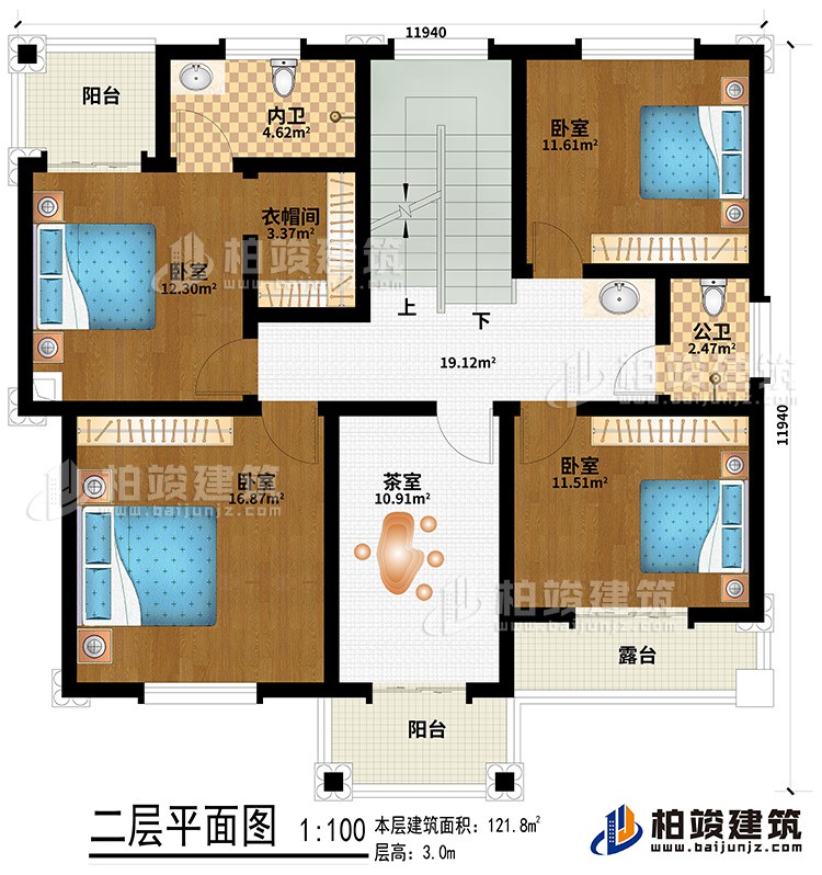 二層：4臥室、衣帽間、茶室、公衛(wèi)、內(nèi)衛(wèi)、2陽臺、露臺