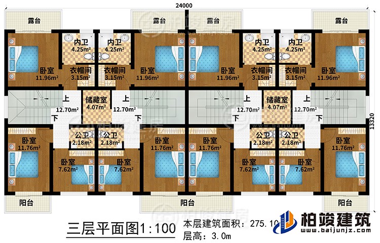 三層：12臥室、4公衛(wèi)、4內(nèi)衛(wèi)、2儲(chǔ)藏室、4衣帽間、3陽(yáng)臺(tái)、4露臺(tái)