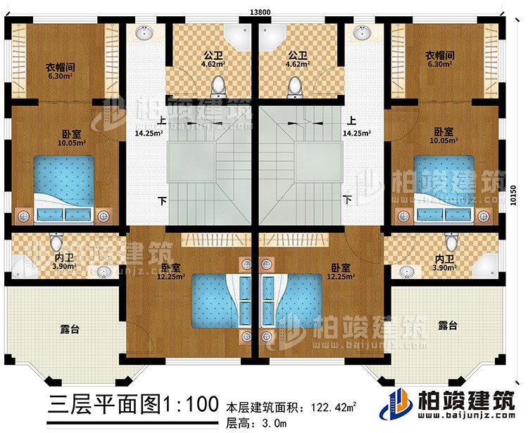 三層：4臥室、2內衛(wèi)、2公衛(wèi)、2衣帽間、2露臺