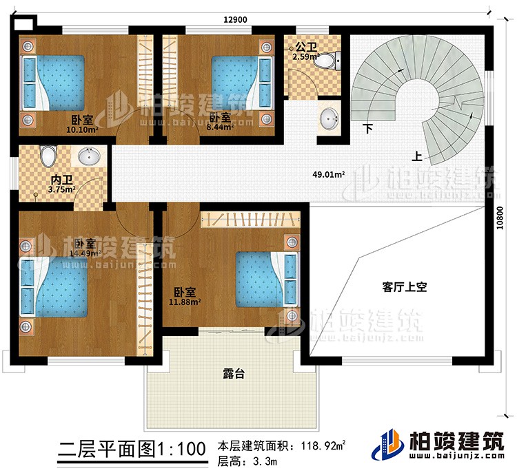 二層：4臥室、公衛(wèi)、內(nèi)衛(wèi)、客廳上空、露臺