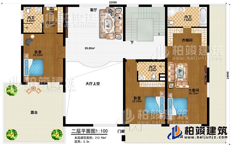 二層：客廳，大套間帶內(nèi)衛(wèi)和衣帽間，單間帶內(nèi)衛(wèi)，中套間帶內(nèi)衛(wèi)和衣帽間，2露臺，樓梯