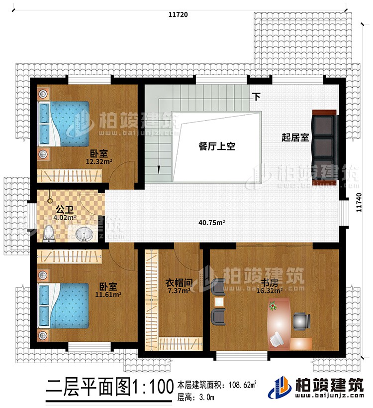 閣樓：起居室、餐廳上空、公衛(wèi)、2臥室、衣帽間、書房