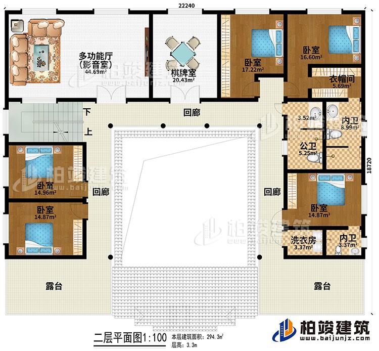 二層：多功能廳（影音室）、棋牌室、5臥室、衣帽間、公衛(wèi)、2內(nèi)衛(wèi)、洗衣房、3回廊、2露臺
