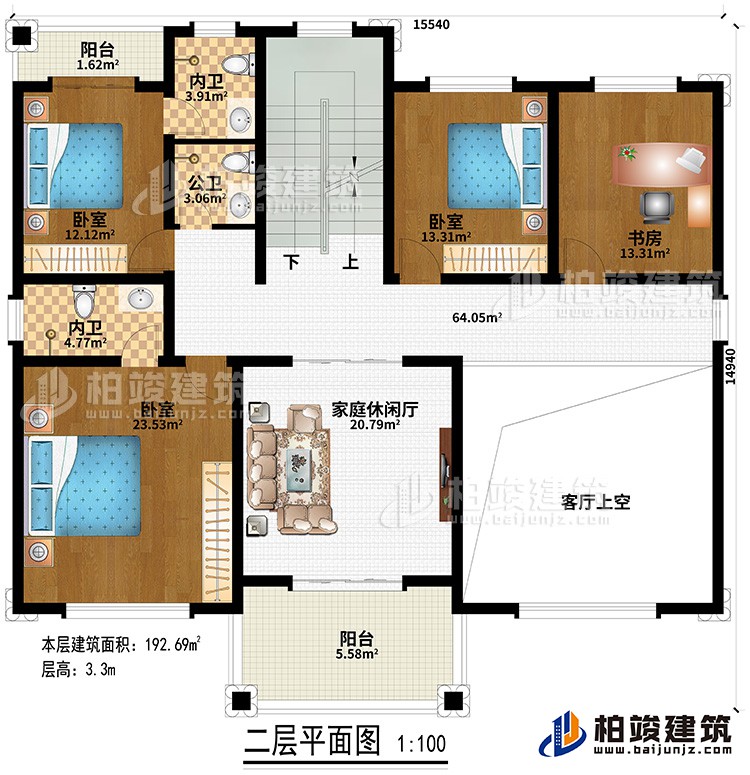 二層：客廳上空、2陽臺(tái)、3臥室、書房、2內(nèi)衛(wèi)、公衛(wèi)、家庭休閑廳
