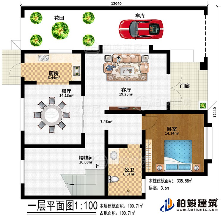 一層：門廊、花園、車庫、廚房、餐廳、客廳、樓梯間、臥室、公衛(wèi)