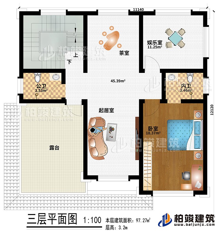三層：起居室、茶室、娛樂室、公衛(wèi)、內(nèi)衛(wèi)、臥室、露臺