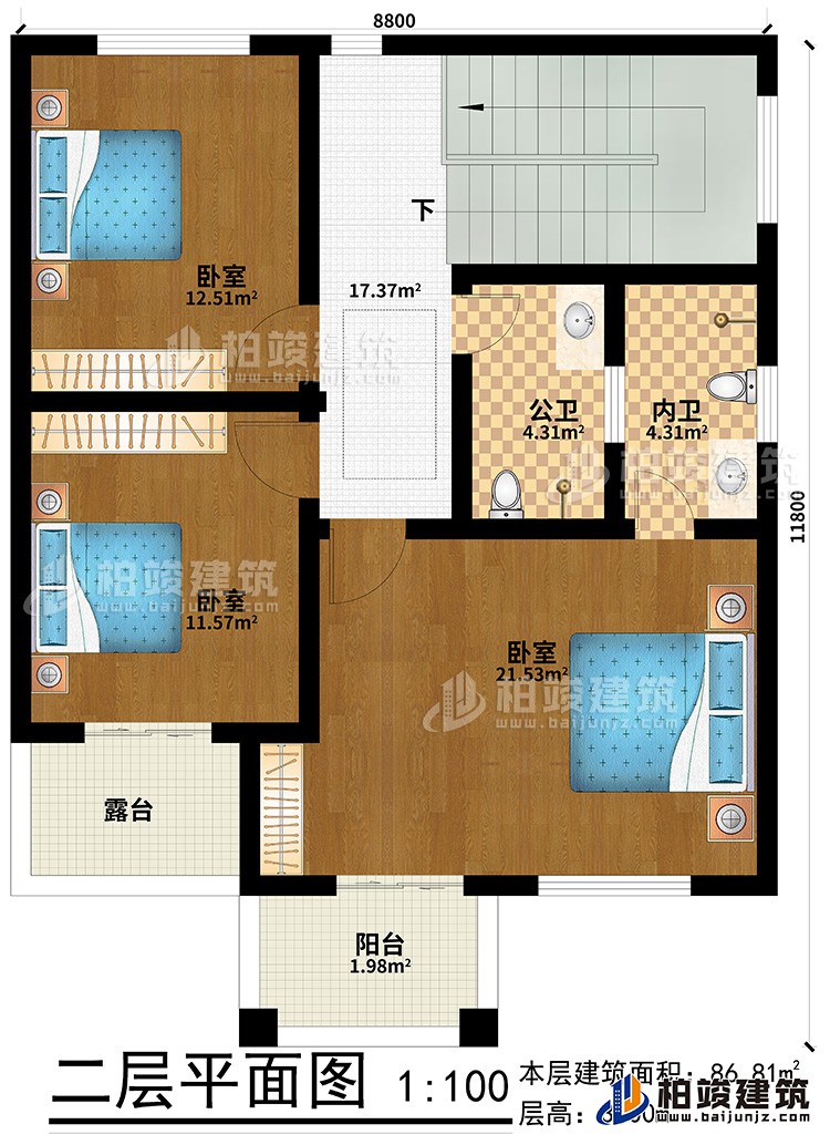 二層：3臥室、公衛(wèi)、內(nèi)衛(wèi)、陽臺、露臺