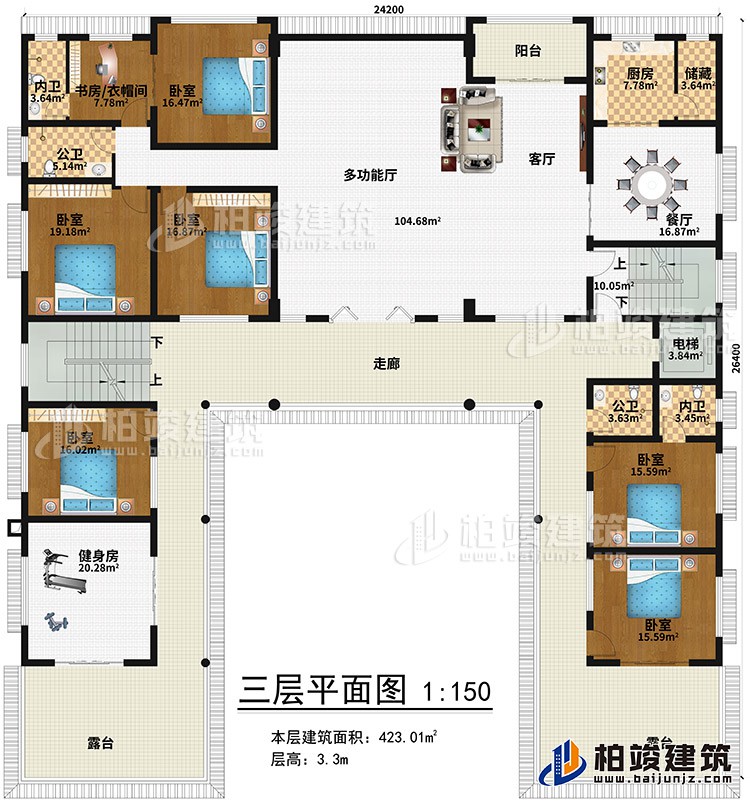 三層：健身房、6臥室、書房/衣帽間、2內衛(wèi)、2公衛(wèi)、多功能廳、客廳、陽臺、餐廳、廚房、儲藏、電梯、2露臺