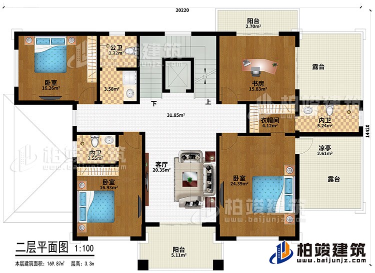 二層：3臥室、衣帽間、2內(nèi)衛(wèi)、公衛(wèi)、客廳、書房、衣帽間、2陽(yáng)臺(tái)、2露臺(tái)、涼亭