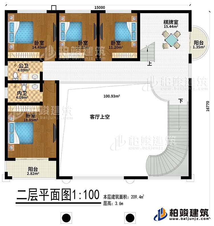 二層：4臥室、公衛(wèi)、內(nèi)衛(wèi)、棋牌室、2陽臺(tái)、客廳上空