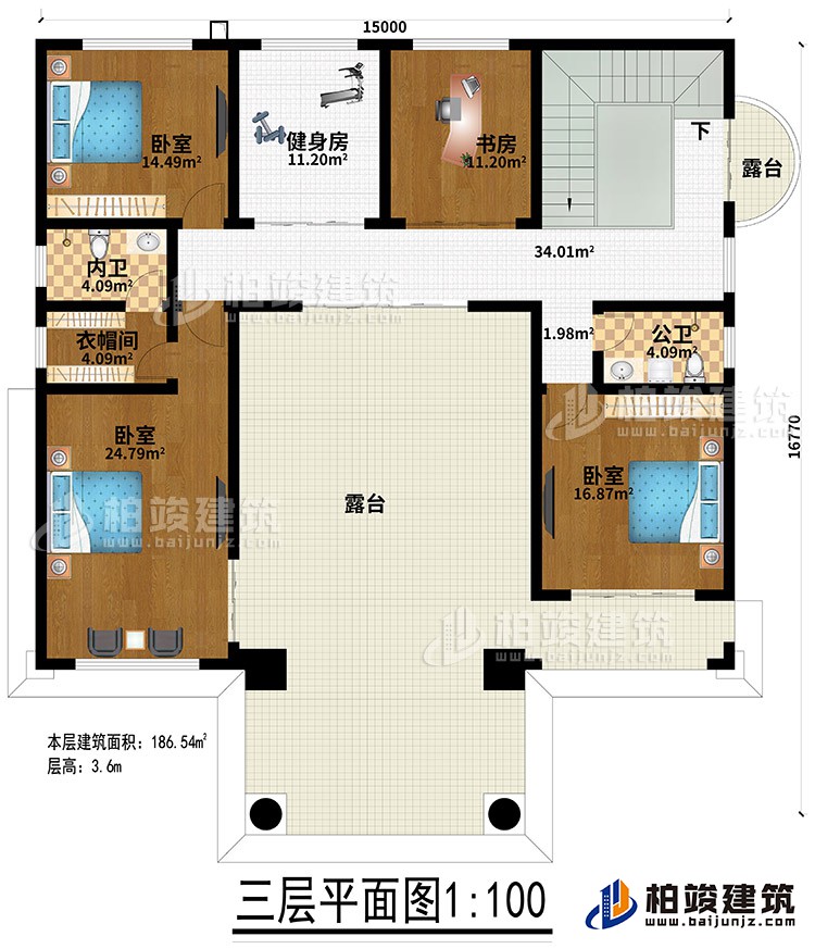 三層：3臥室、健身房、衣帽間、內(nèi)衛(wèi)、公衛(wèi)、健身房、書房、2露臺(tái)