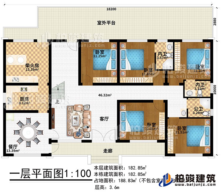 一層：走廊、客廳、餐廳、廚房、柴火房、室外平臺、5臥室、2內(nèi)衛(wèi)、公衛(wèi)