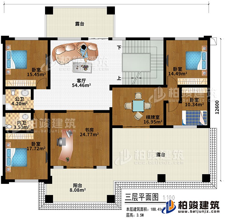 三層：客廳、4臥室、書房、棋牌室、內(nèi)衛(wèi)、公衛(wèi)、陽臺(tái)、2露臺(tái)