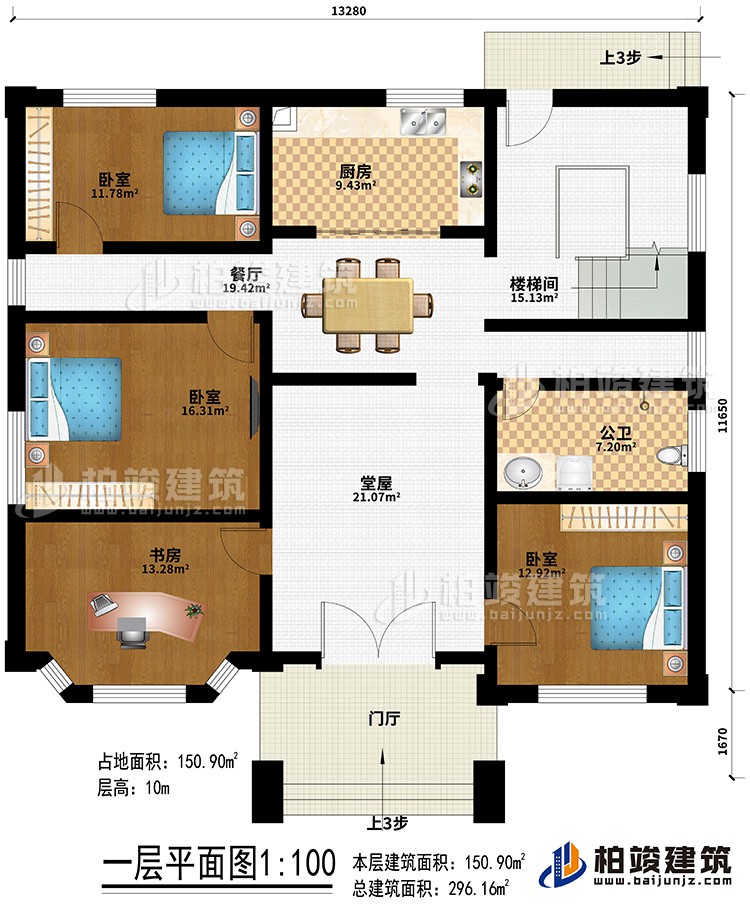 一層：門廳、堂屋、餐廳、廚房、樓梯間、3臥室、書房、公衛(wèi)