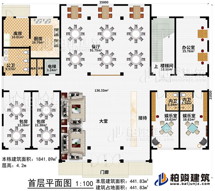 一層：門(mén)廊、大堂、接待、2娛樂(lè)室、2內(nèi)衛(wèi)、辦公室、樓梯間、餐廳、電梯、電井、水井、廚房、庫(kù)房、公衛(wèi)、2包房