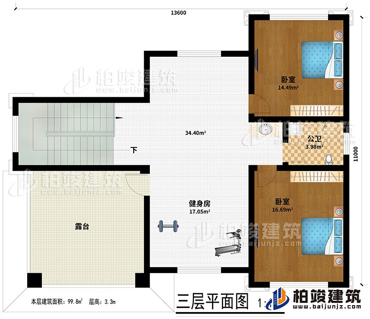 三層：２臥室、公衛(wèi)、健身房、露臺