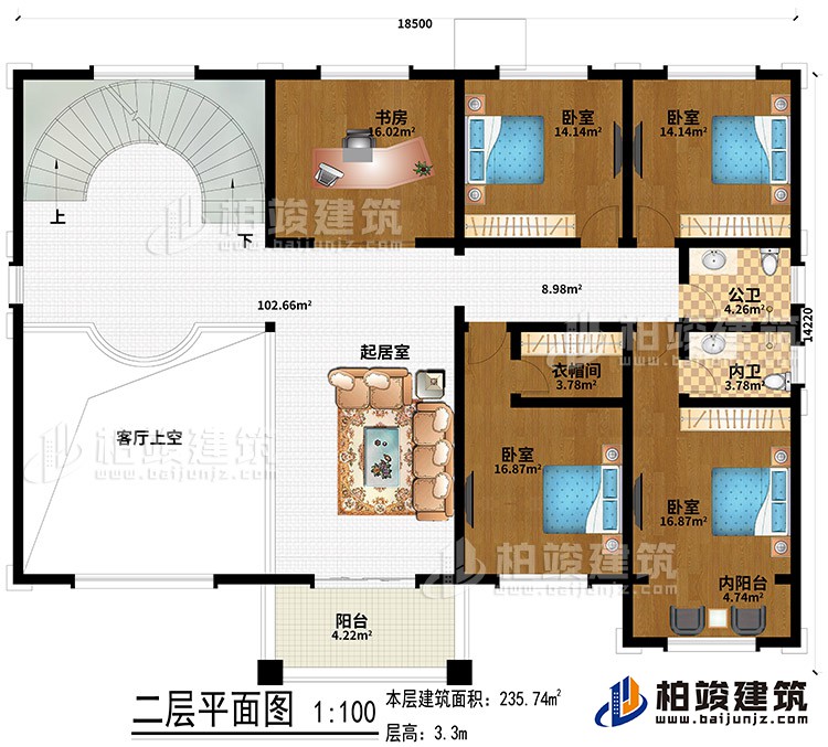 二層：4臥室、起居室、書房、客廳上空、衣帽間、內(nèi)陽臺、陽臺、公衛(wèi)、內(nèi)衛(wèi)