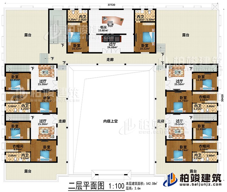 二層：內(nèi)庭上空、5過(guò)廳、書(shū)房、3走廊、4露臺(tái)、10臥室、4衣帽間、6內(nèi)衛(wèi)