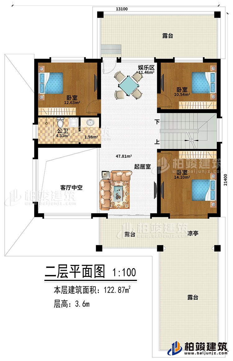 二層：3臥室、起居室、娛樂(lè)區(qū)、3露臺(tái)、涼亭、客廳中空、公衛(wèi)