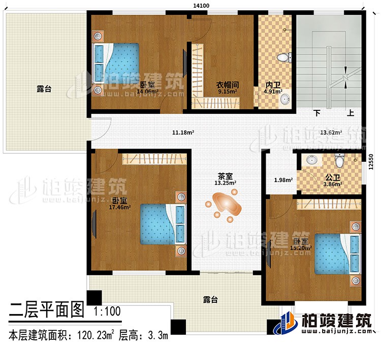 二層：3臥室、衣帽間、茶室、公衛(wèi)、內(nèi)衛(wèi)、2露臺