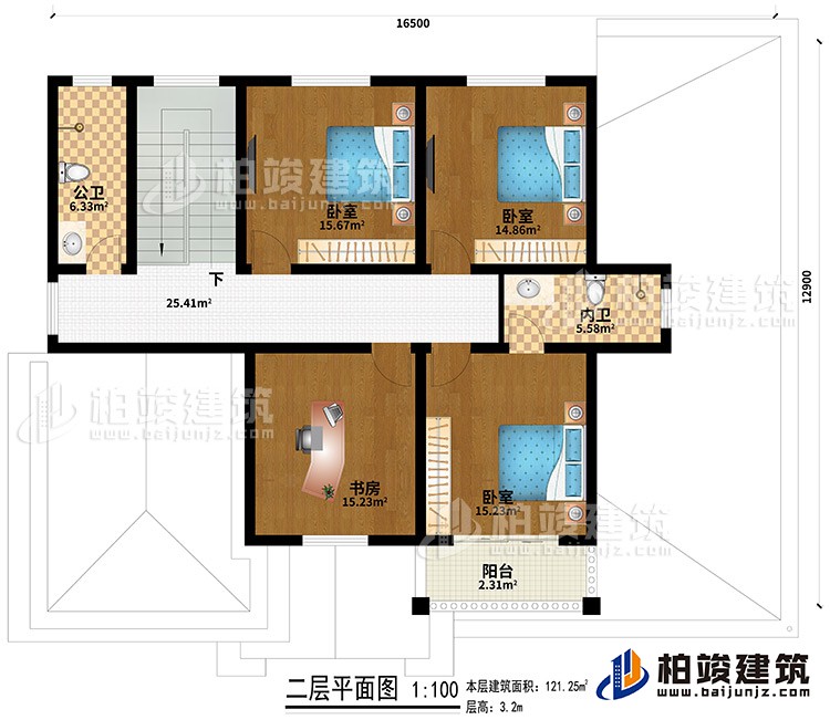 二層：3臥室、書房、公衛(wèi)、內衛(wèi)、陽臺