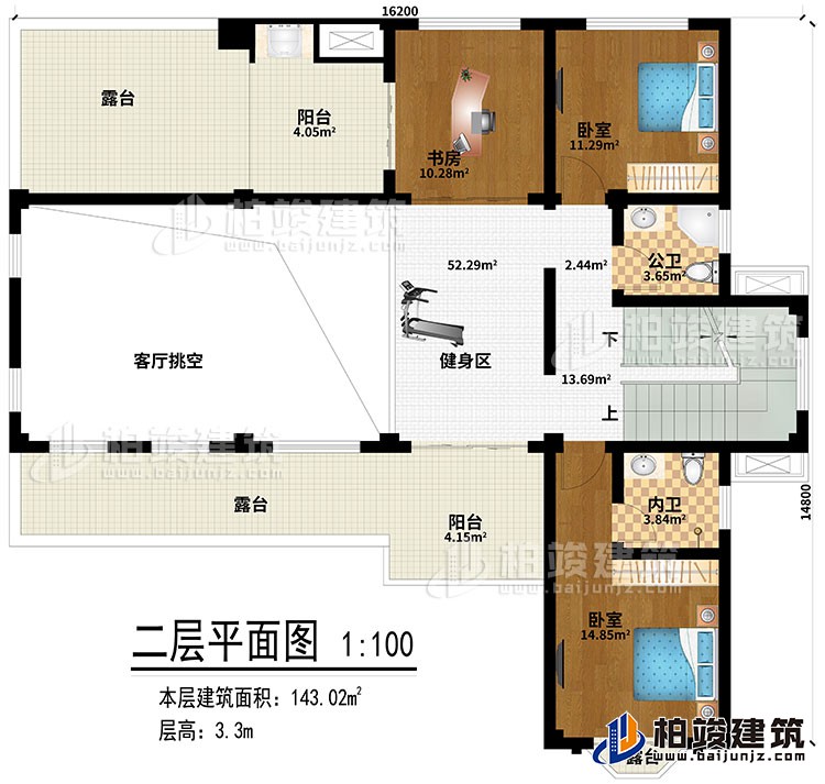 二層：健身區(qū)、客廳挑空、書房、2臥室、公衛(wèi)、內衛(wèi)、2陽臺、3露臺