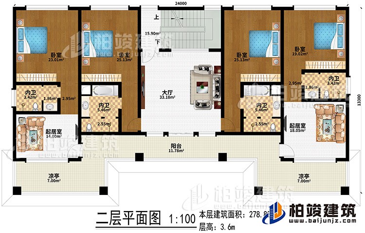 二層：大廳、2起居室、4臥室、4內(nèi)衛(wèi)、陽臺(tái)、2涼亭
