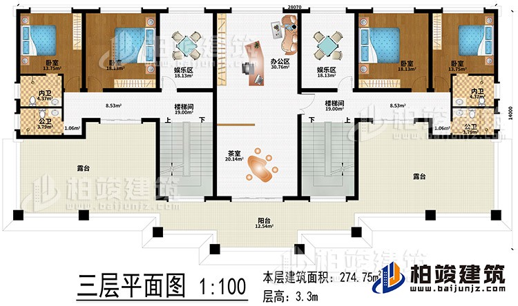 三層：辦公區(qū)、茶室、2樓梯間、2娛樂區(qū)、4臥室、2公衛(wèi)、2內(nèi)衛(wèi)、2露臺