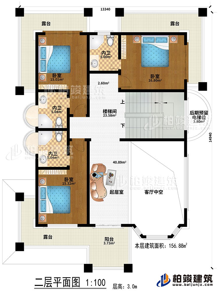 二層：起居室、客廳中空、樓梯間、3臥室、3內(nèi)衛(wèi)、陽臺(tái)、3露臺(tái)、后期預(yù)留電梯位