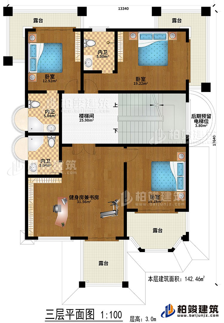 三層：樓梯間、健身房兼書房、3臥室、3內(nèi)衛(wèi)、后期預(yù)留電梯位、4露臺(tái)