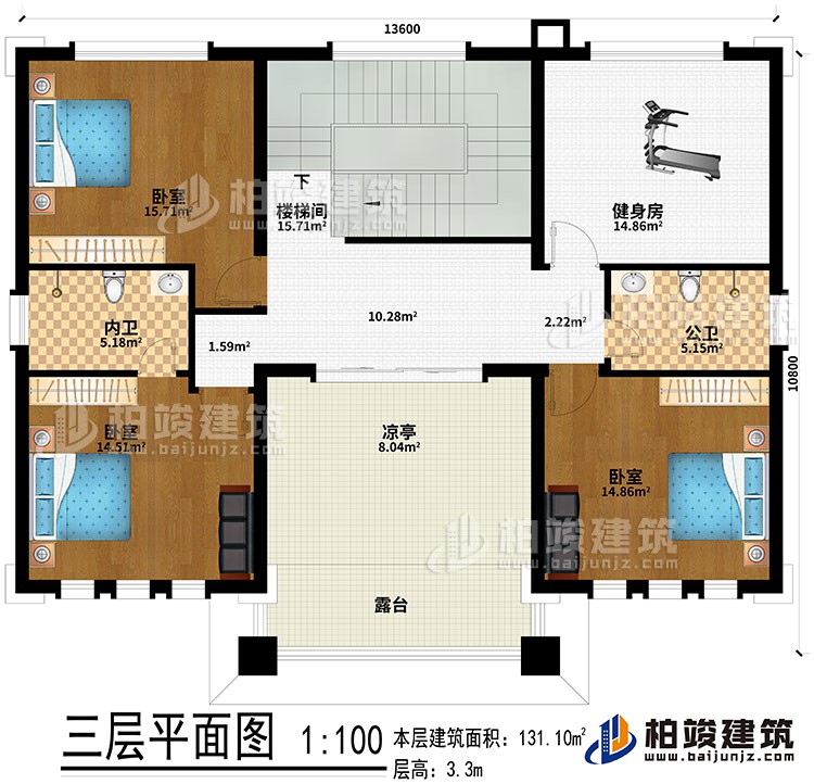 三層：樓梯間、健身房、3臥室、公衛(wèi)、內(nèi)衛(wèi)、涼亭、露臺