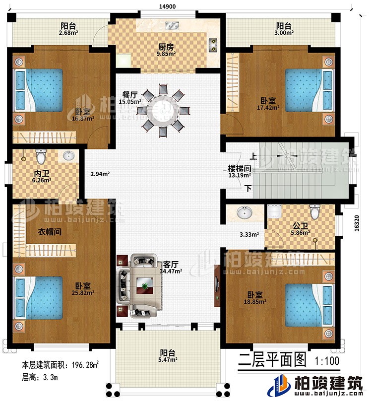 二層：客廳、樓梯間、餐廳、廚房、4臥室、衣帽間、公衛(wèi)、內(nèi)衛(wèi)、3陽臺