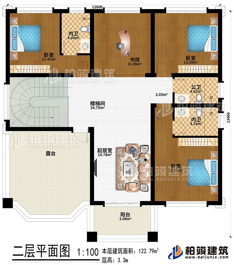 二層：樓梯間、起居室、3臥室、書房、2內(nèi)衛(wèi)、公衛(wèi)、露臺(tái)、陽(yáng)臺(tái)